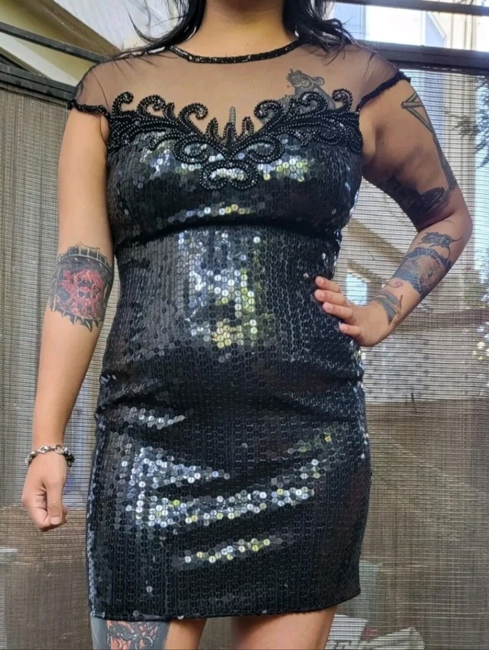 Vtg 90s Niteline Black Sequin Beaded Mesh Sweetheart Cocktail Party Dress Size 8